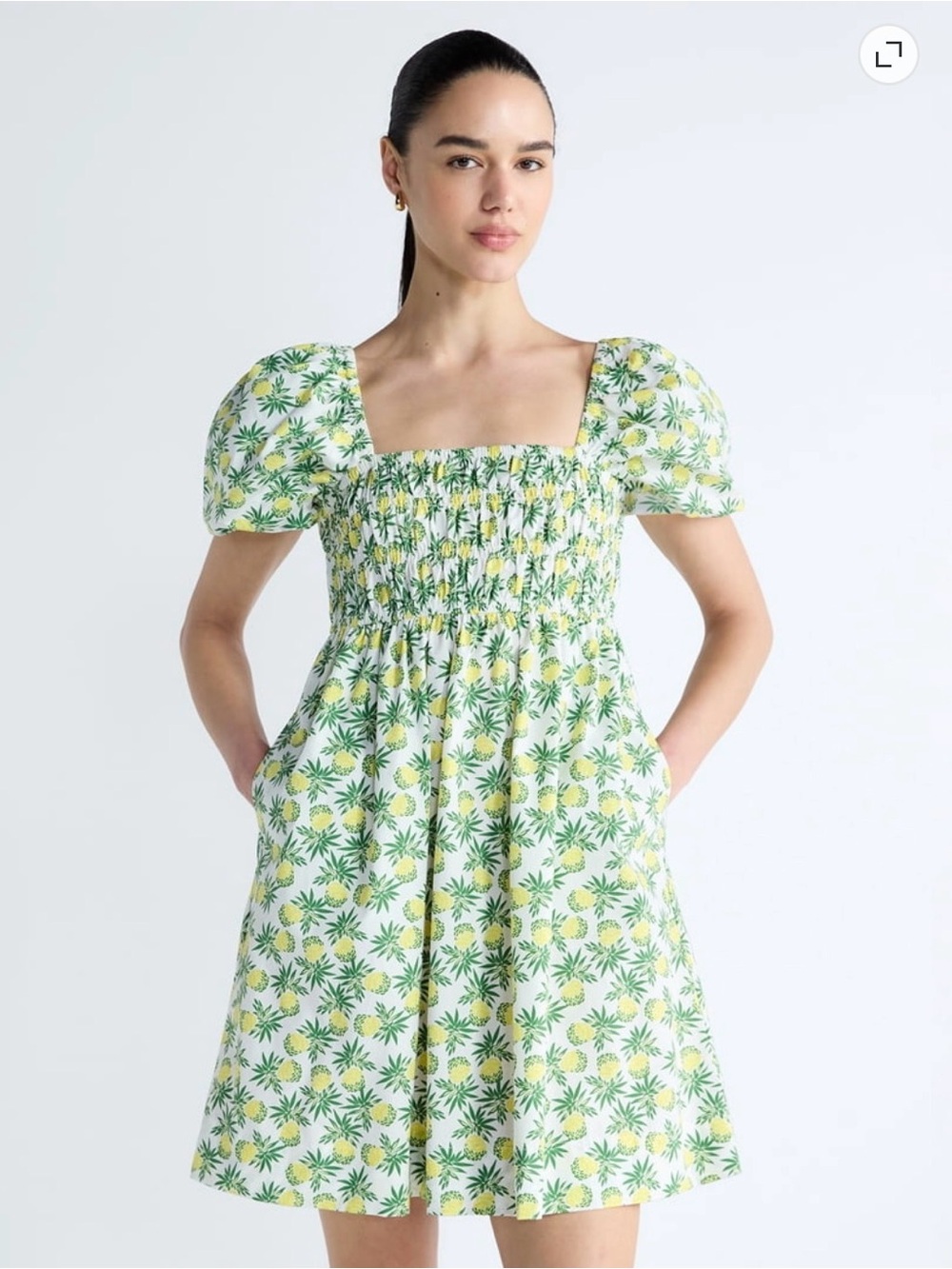 Free Assembly Puff Sleeve Peasant Mini Dress 100% Cotton Pineapple Print